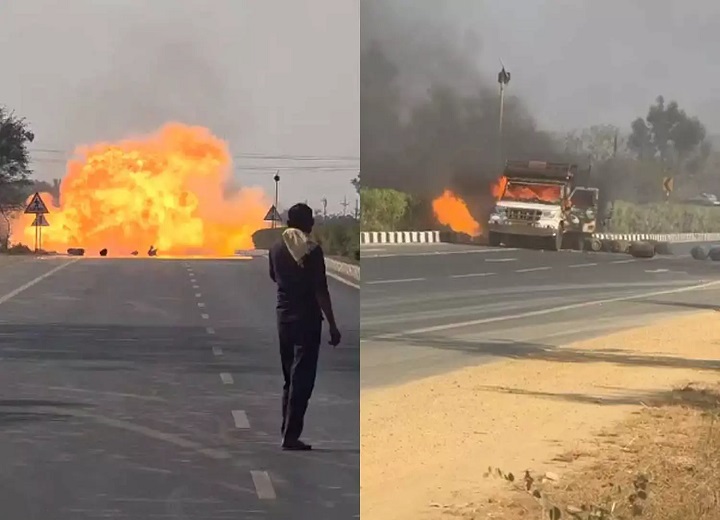 गैस सिलेंडर से भरी पिकअप में लगी आग: एक-एक कर होते रहे विस्फोट